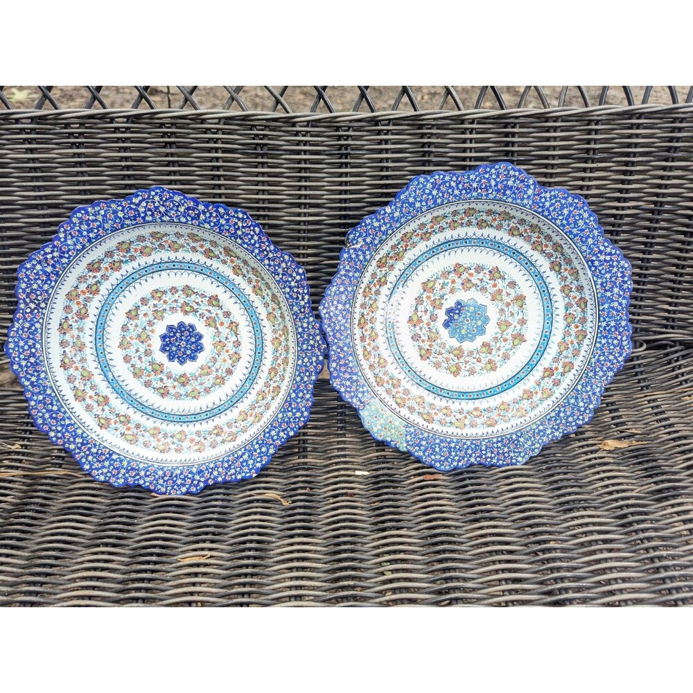 Pair Vintage Persian Minakari Enamel Copper Plates Wall Hanging Hand Painted 8" - Picture 1 of 12